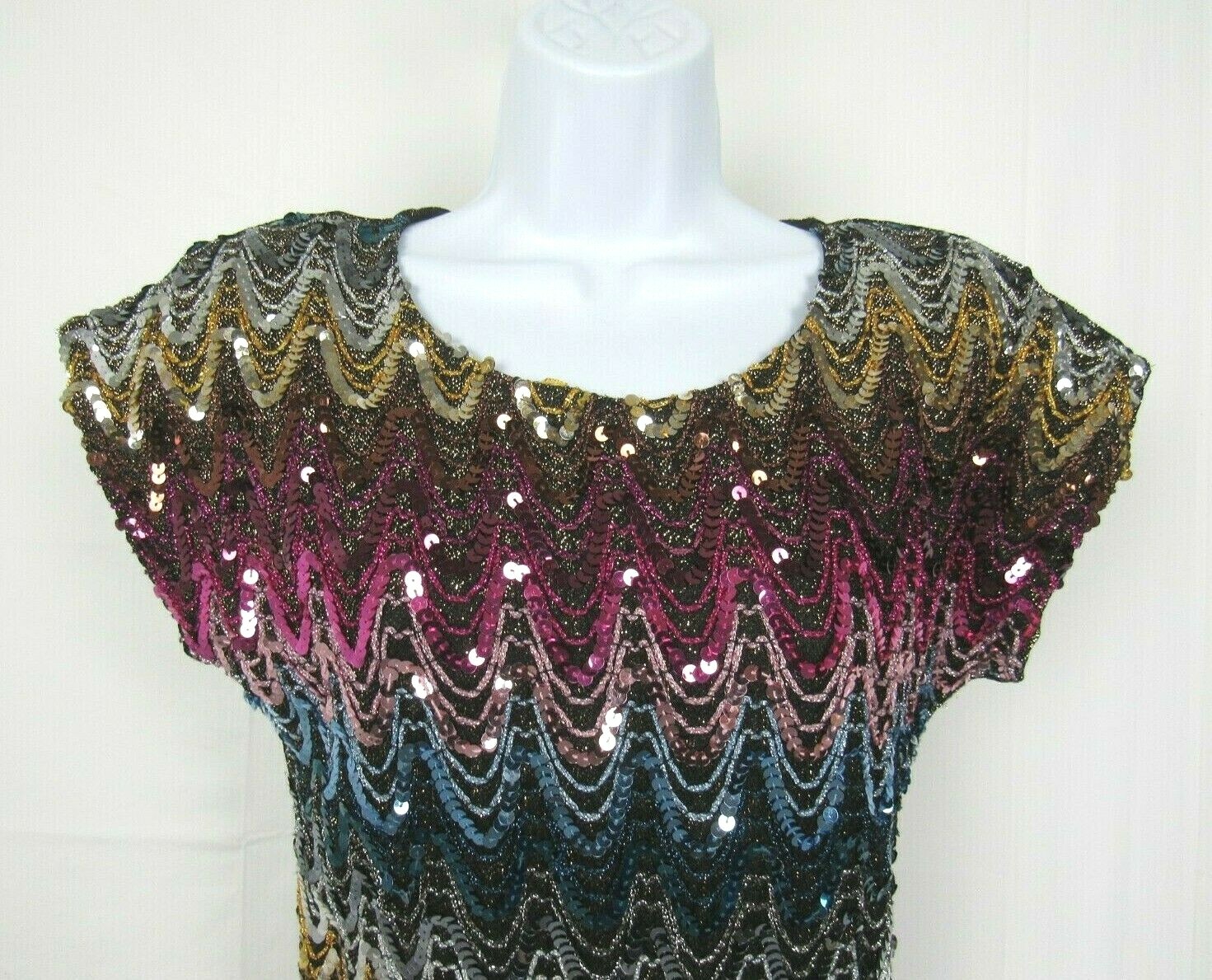 VTG 70s 80s JOSEPH II SEQUIN METALLIC THREAD GLITTER TOP MULTI COLOR DRAPED LOOK