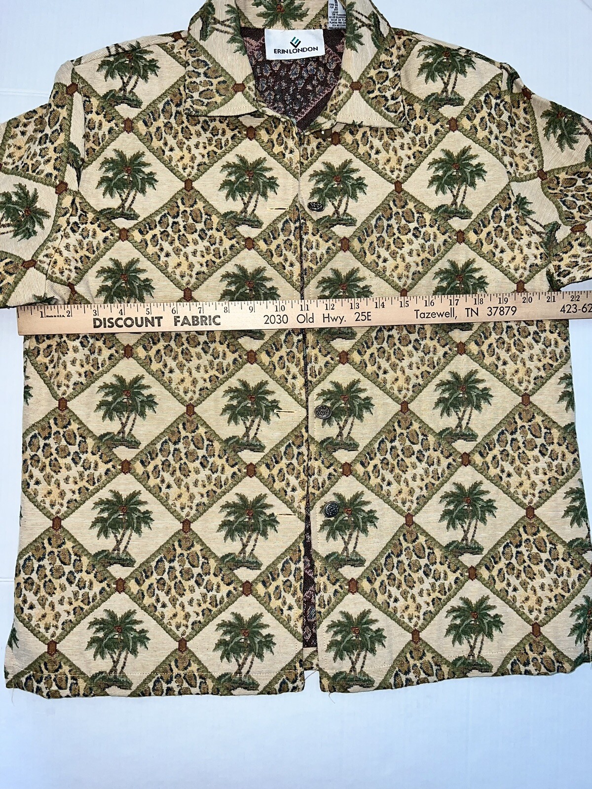 Erin London Women’s Medium Blazer Jacket Tapestry Textured Leopard Palm Tree EUC