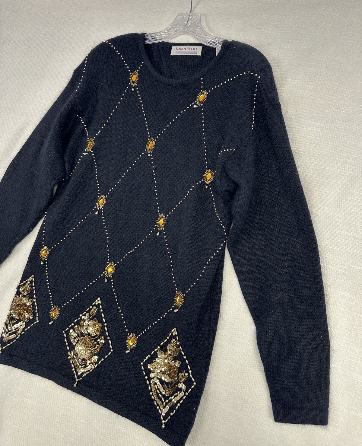 Vintage Karen Scott Women’s M Silk Wool Blend Jewel 80s 90s Glam Black Sweater