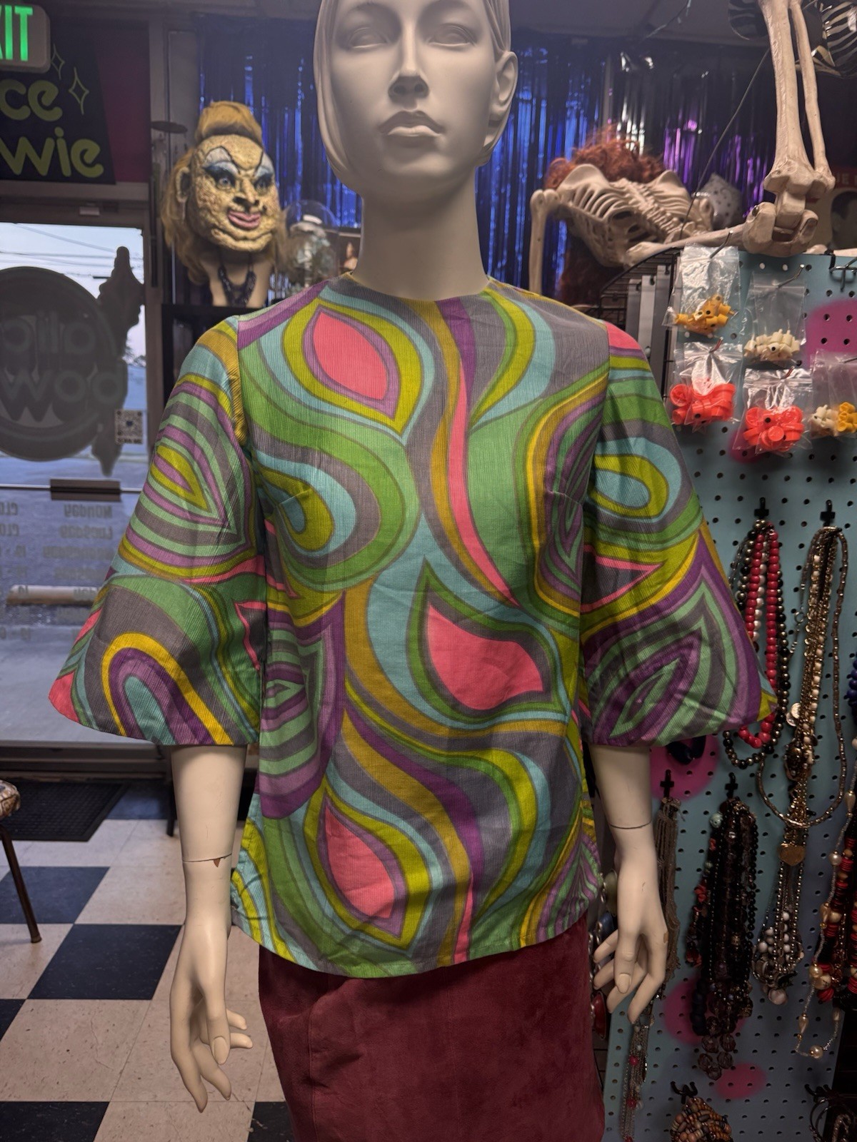 1960s Handmade Psychedelic Top With Back Buttons Mid Bell Sleeves