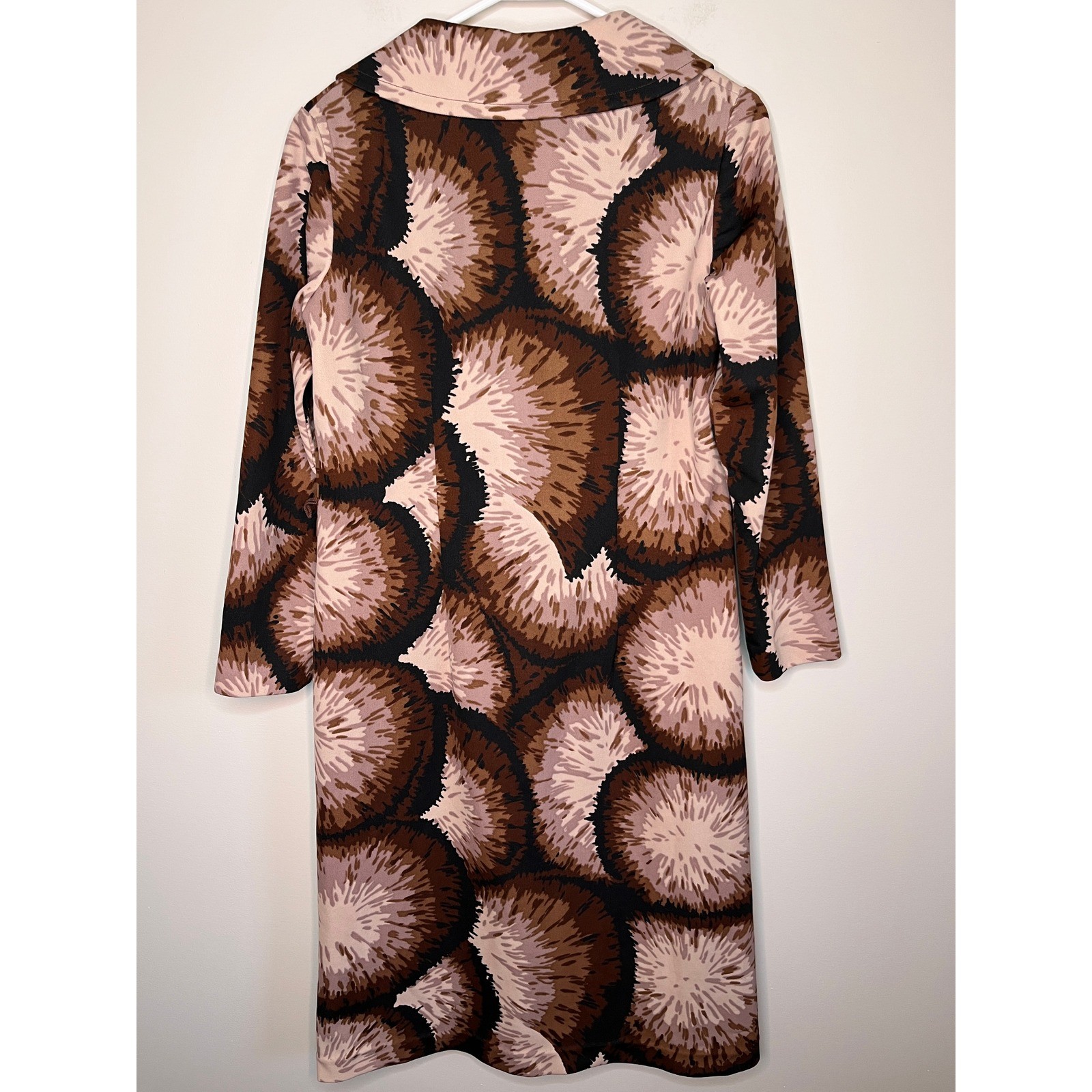 1970s Stoner Square Abstract Psychedelic Brown MCM Collared Volup Dress XL