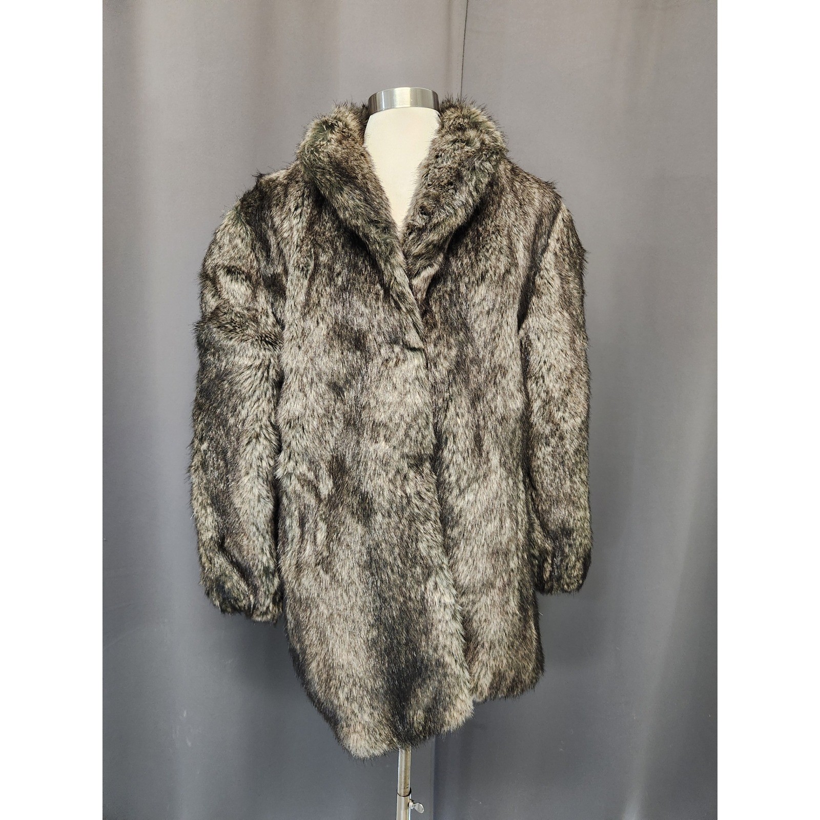 Vintage 80s Mob Wife Style VI Ltd Faux Fur Coat Brown Grey Tissavel France Large