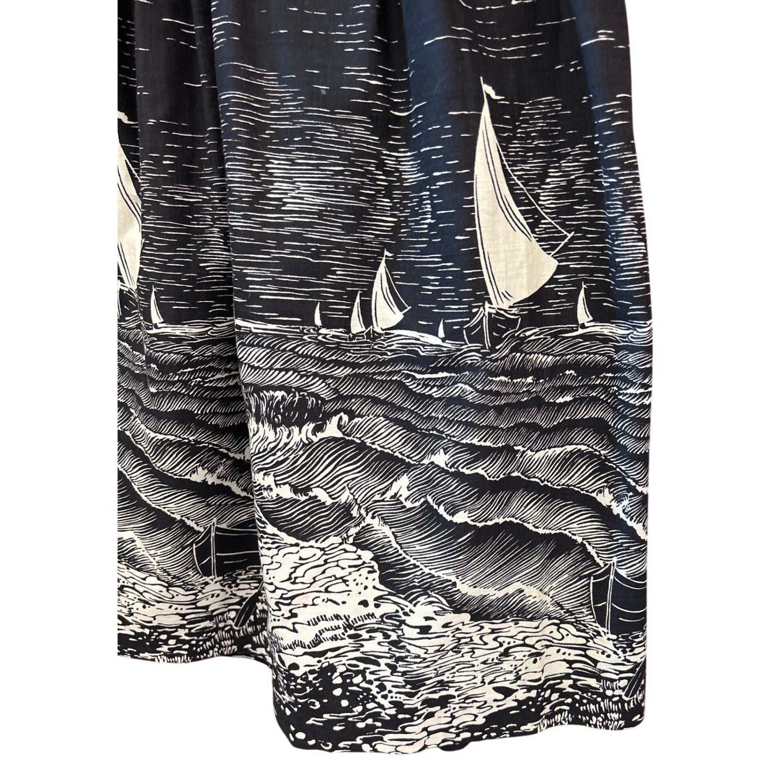 Vintage JCPenney Fashions Midi Skirt Nautical Coastal Sailboat Woodcut Print