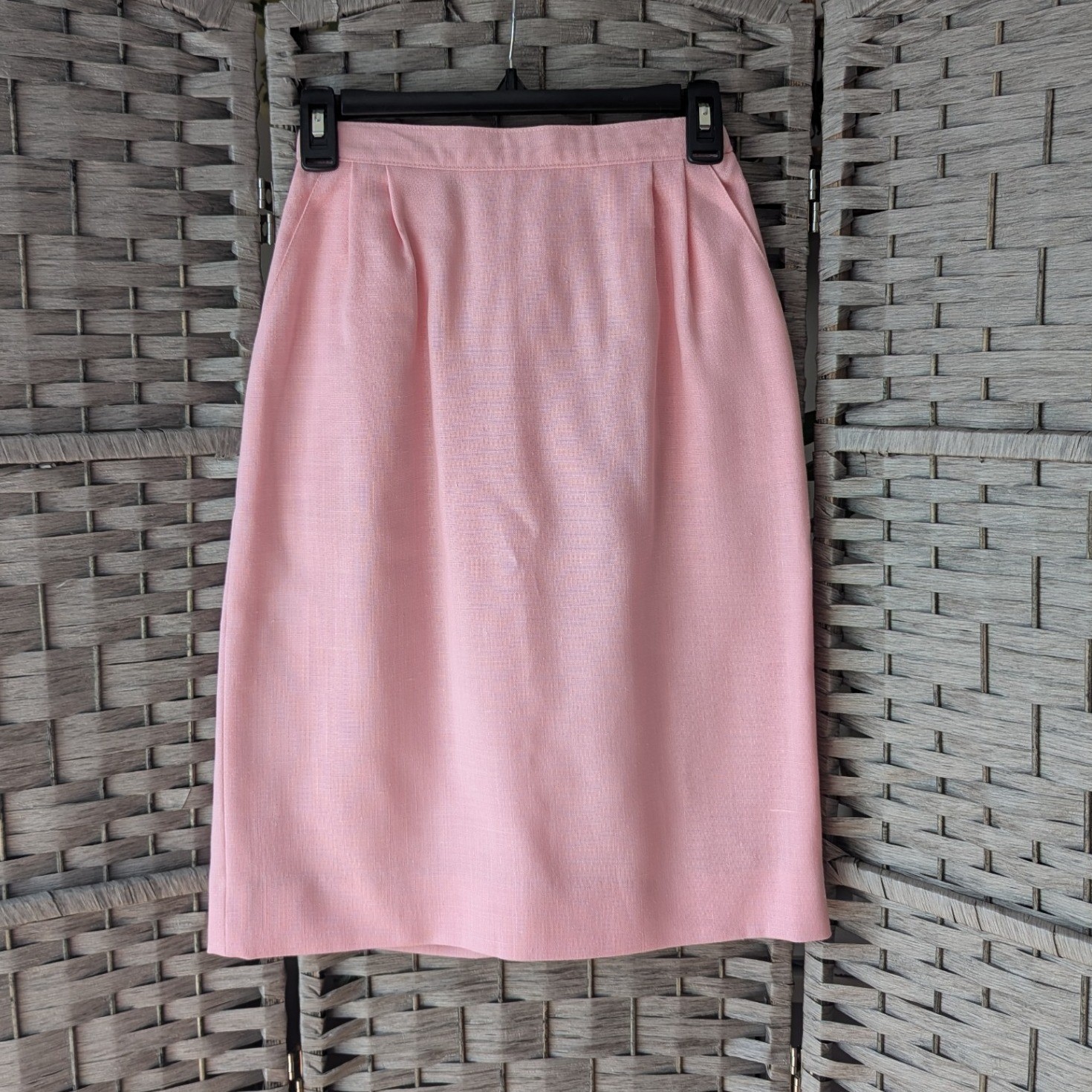 Vtg Lands End Light Pink Linen Blend Pencil Skirt Sz 4P High Waist Pleated