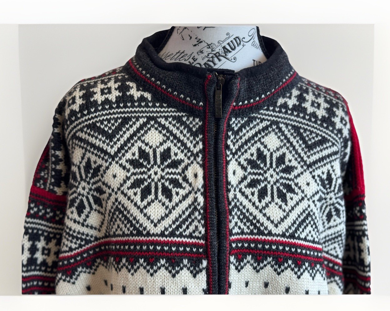 Dale of Norway Wool Zip Black Beige Snowflake Red Winter Trim Sweater Jacket L