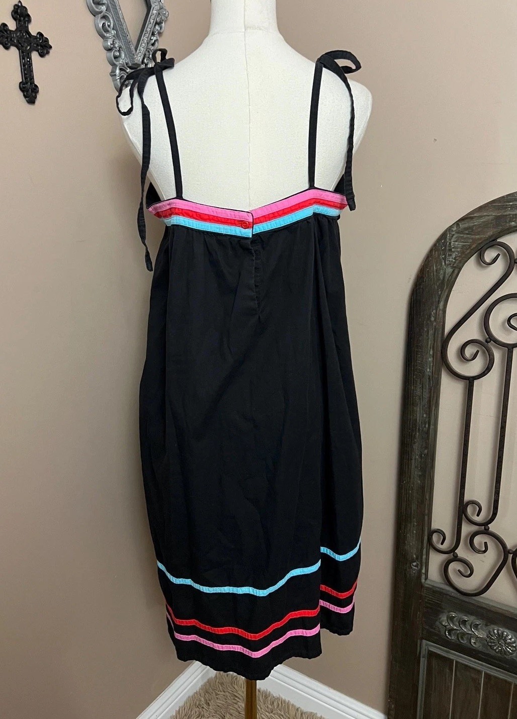 Vintage 70s Neiman Marcus Black Cotton Shoulder Tie Sundress Retro Mod Size L