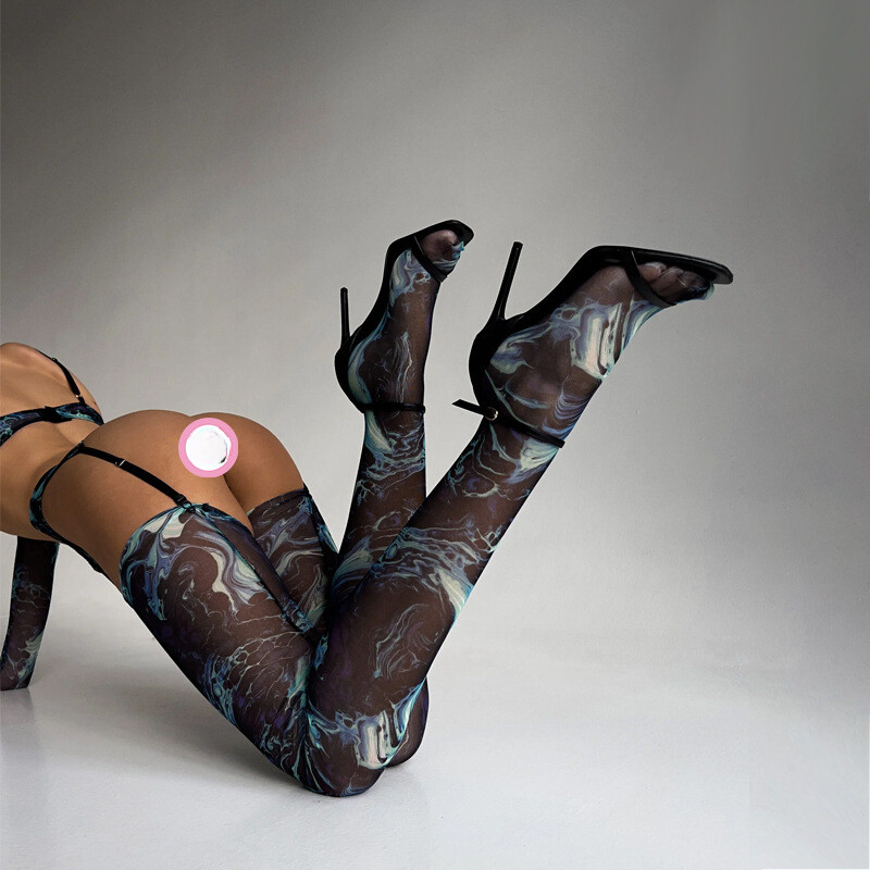 Arrival Colorful Ink Splatter Mesh Sexy Lingerie Set with Gloves and Garter Belt