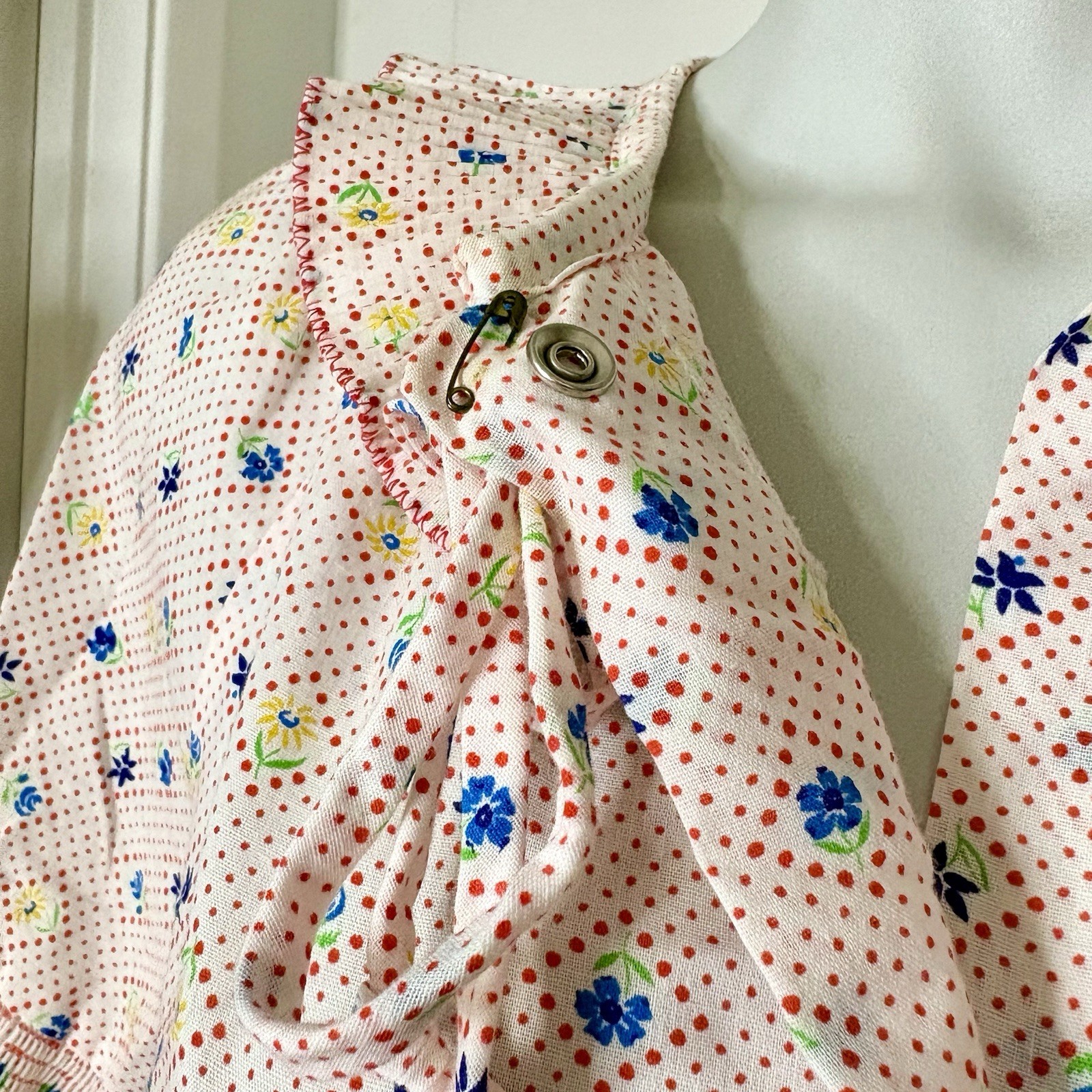 Vintage 80s Dan Ellen Primary Color Snap Up Ruffle Floral Polka Dot Robe