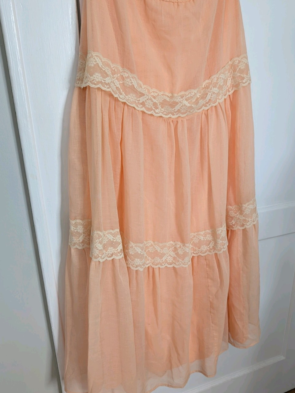 Vintage Peach Lace Prairie Maxi Dress Off Shoulder Ruffle Tiered XS S 70s Style