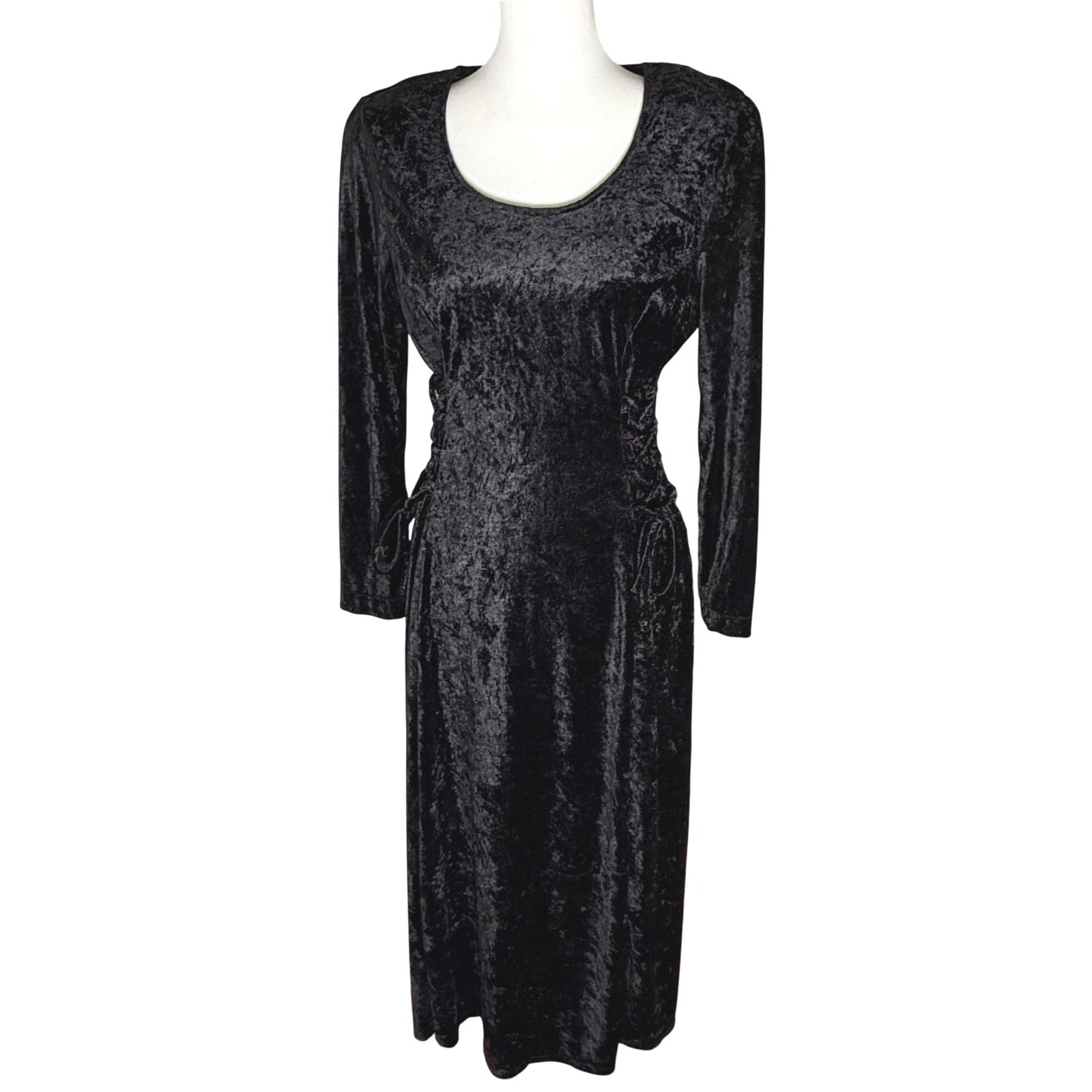 VTG Jamie Brooke Black Velvet Lace Up Side Midi Dress S/M Goth Vamp Witchy