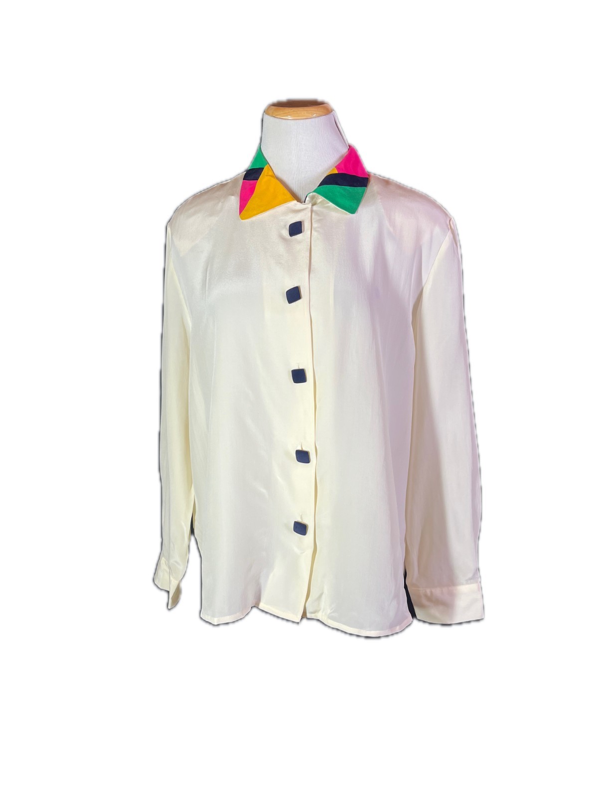 Vintage Jos. A Bank Women’s 16 Silk Button-Up Shirt Cream Colorful *Flaw