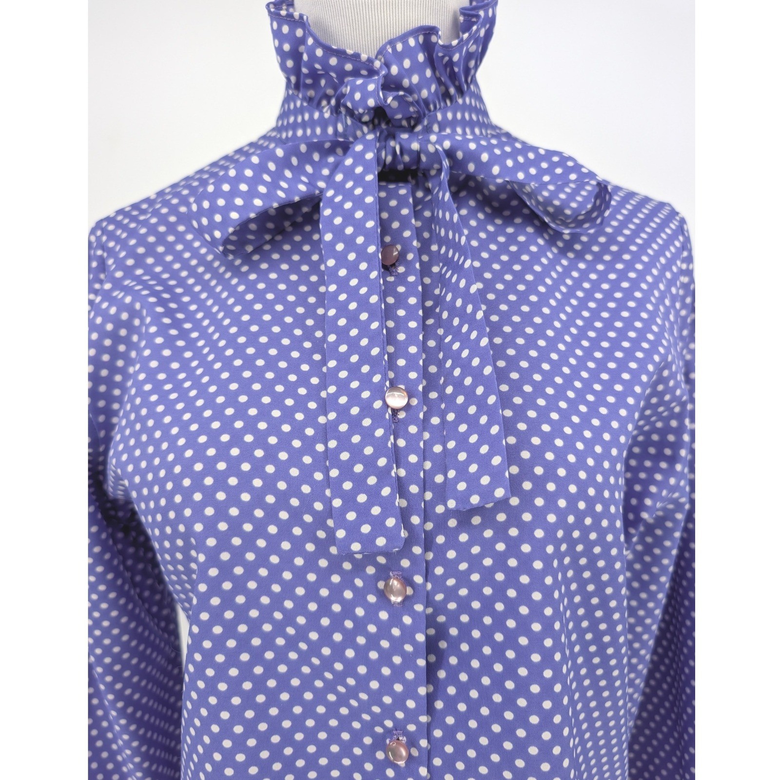Rhoda Lee Polka Dot Blouse Womens 12 Blue Vintage Ruffle Neck Tie Coquette 70s