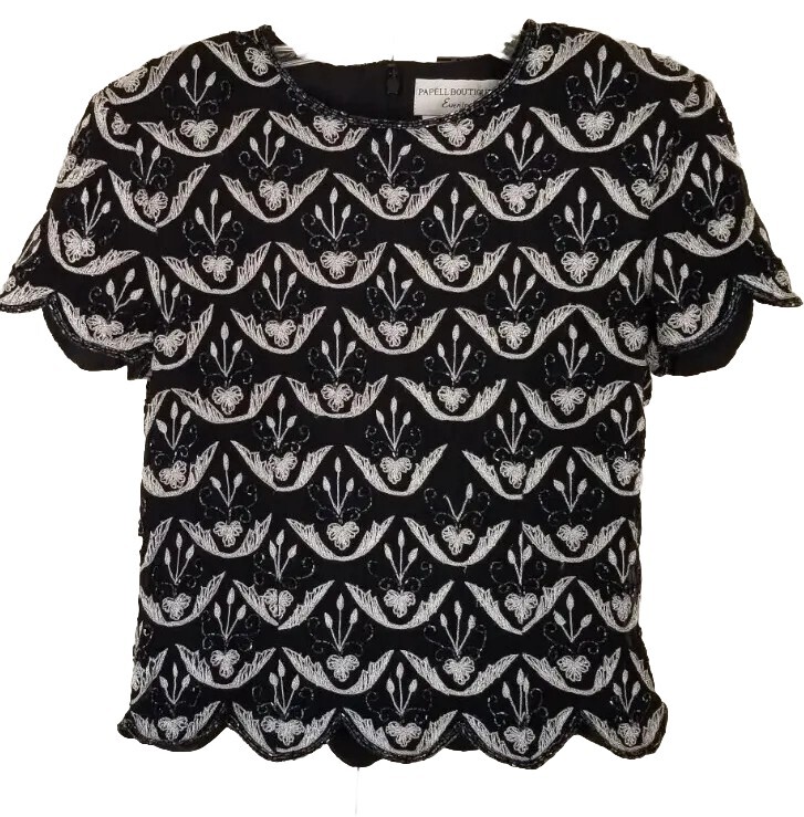 Papell Boutique Evening Vintage Blouse Black Beaded Party Size Medium