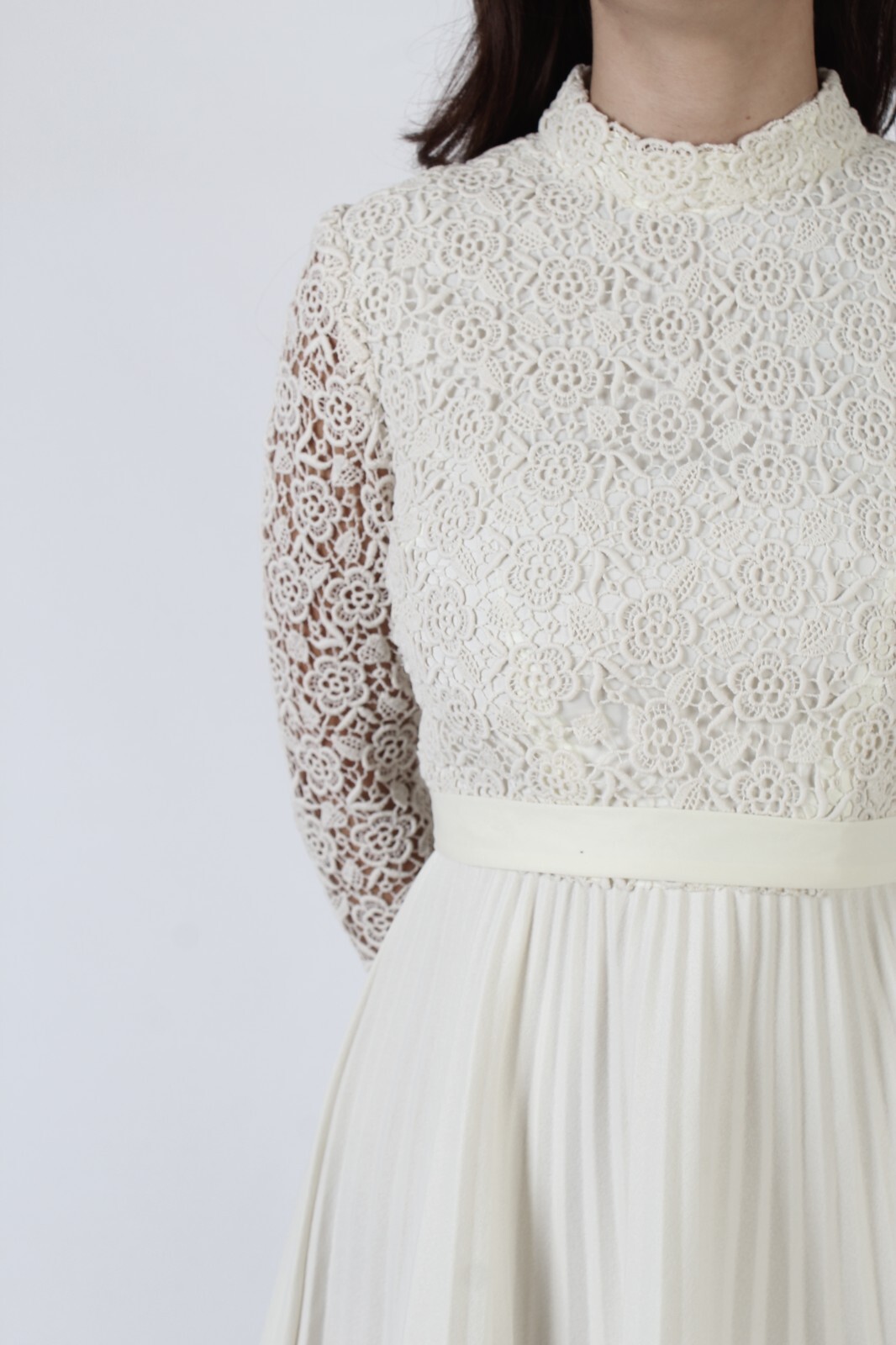 Vtg All Over Crochet Bodice Dress 70s Plain Floral Lace Simple Full Skirt Mini