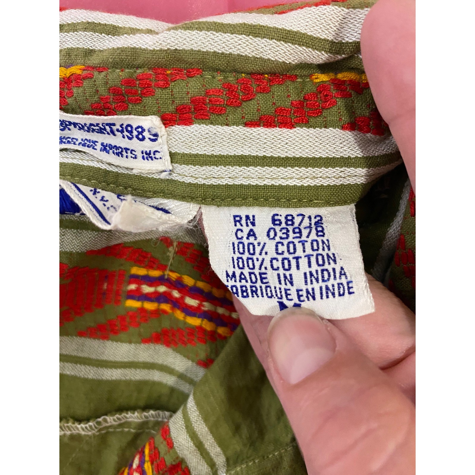 Vintage 1989 Angelique Olive Green Southwestern Woven Cotton Shirt Womens Medium