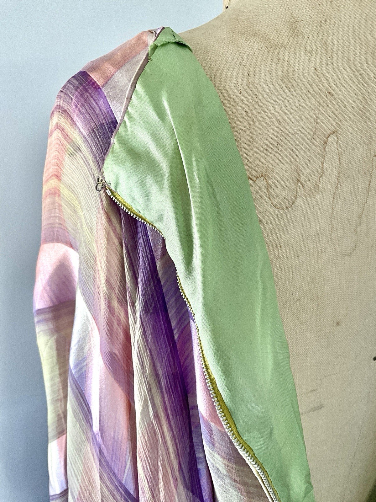Vintage 1976 Jean Hercey Pink and Celadon Silk Combed Chiffon Dress