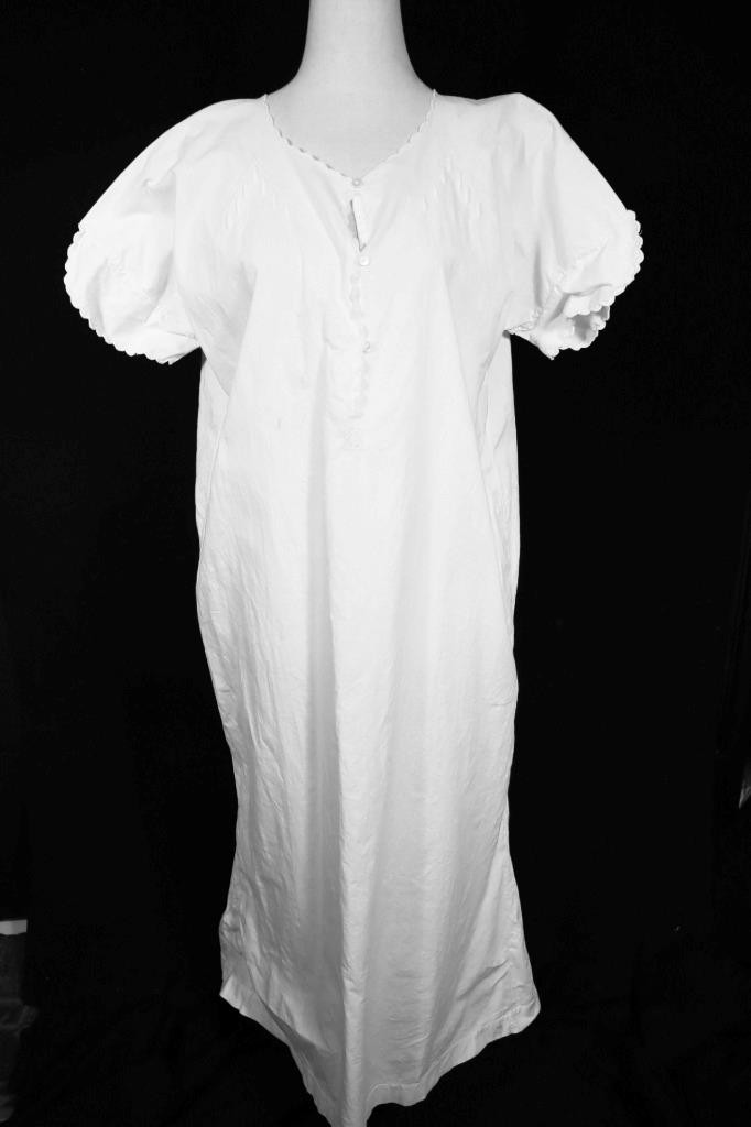 Antique Initialed Edwardian French White Cotton Night Gown Plus Size