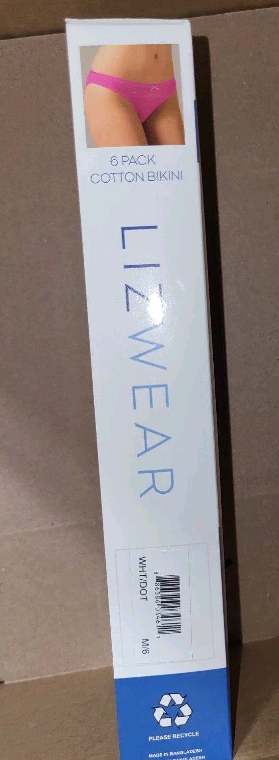 Lizwear 6 Pack Modern Styling Bikini Panty White Dot Size Medium 6