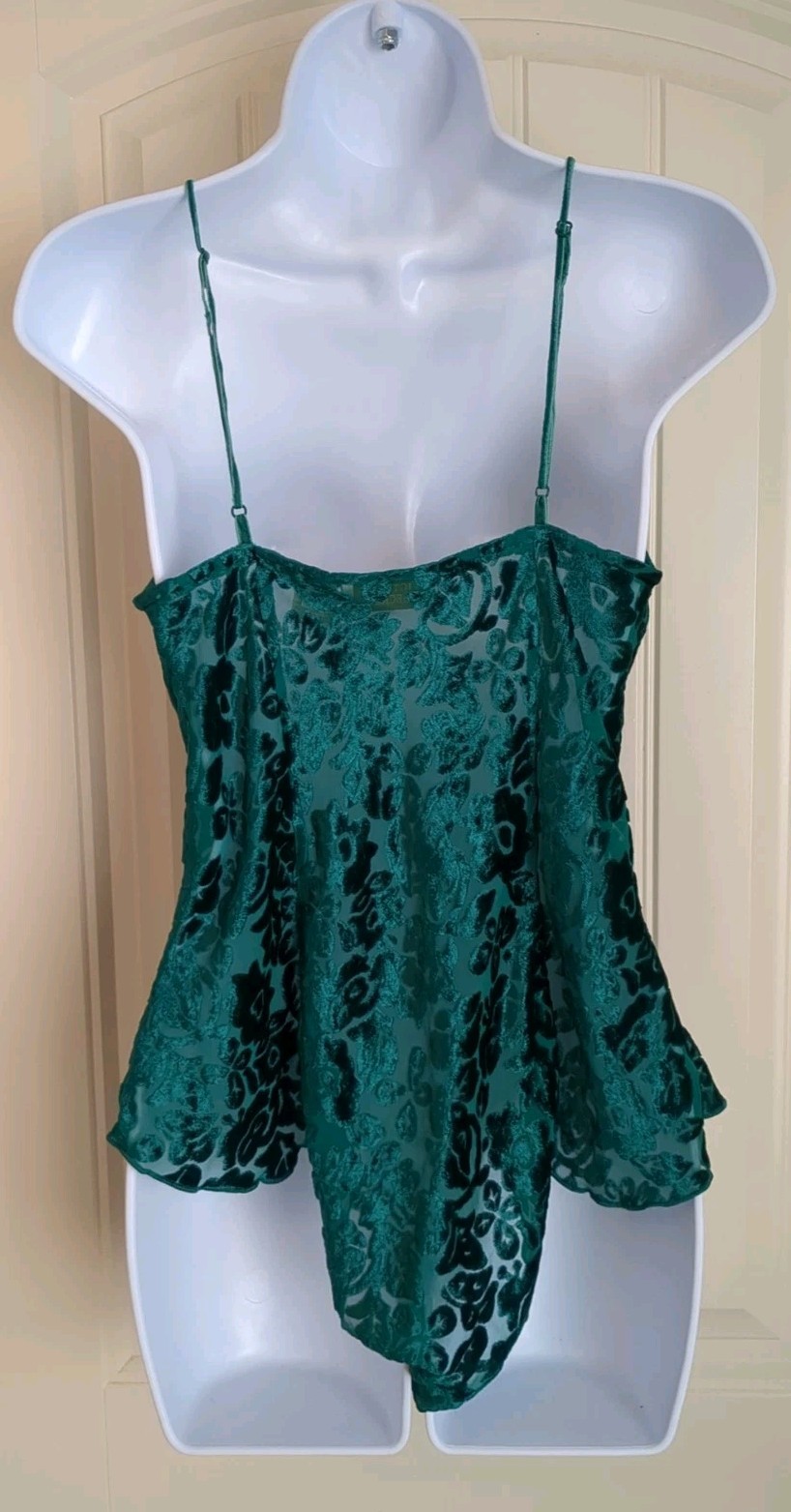 Vtg Victorias Secret Teddy Flutter Leg Green Velvet Burnout Gold Label Small