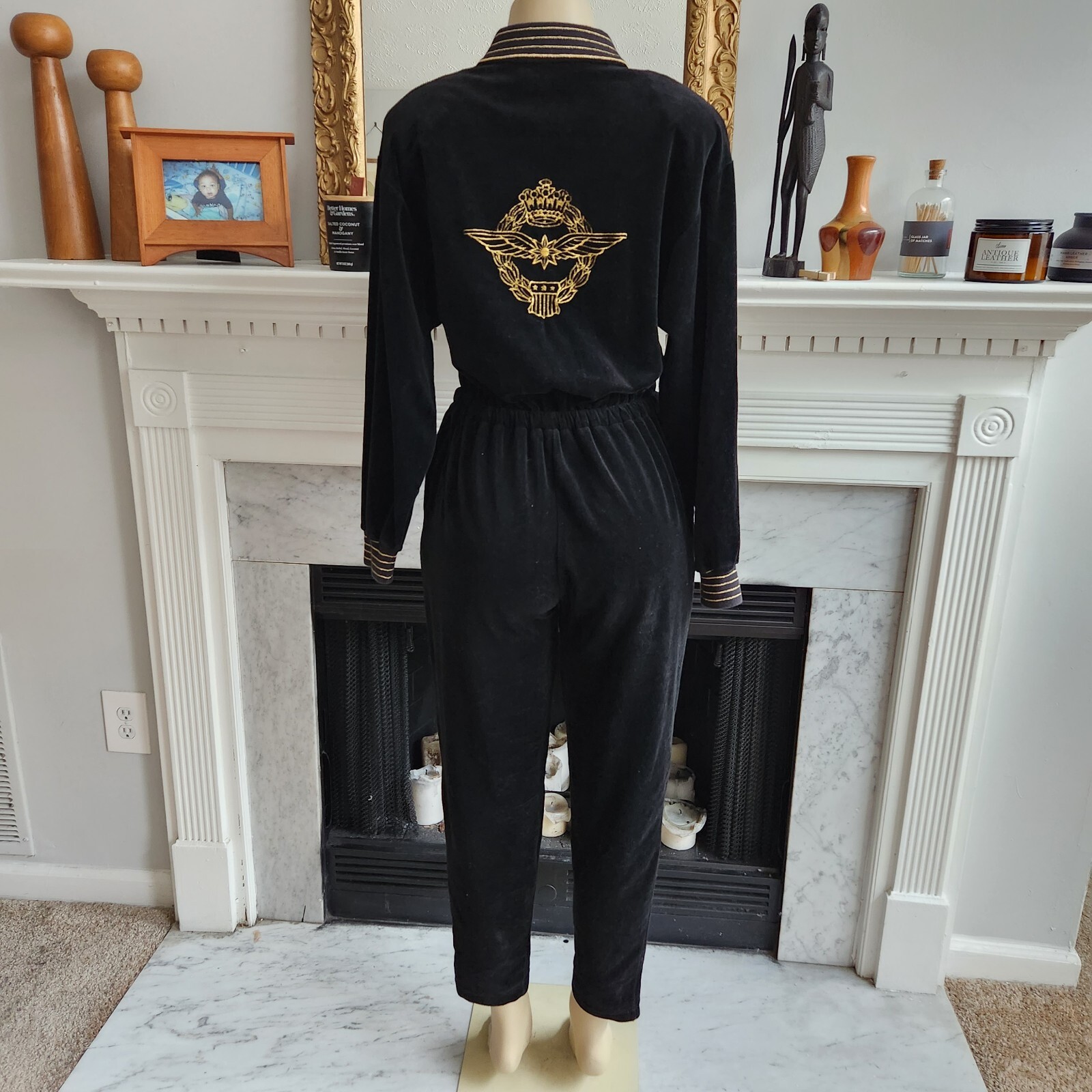 Vintage 80s Black Velour Jumpsuit Size Medium Embroidered Metallic Gold Retro