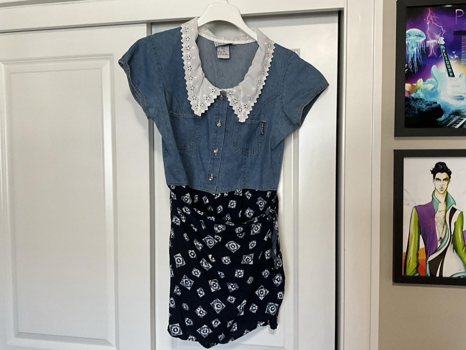 VTG 90s True Blue Denim & Lace Midi Jumpsuit Pearl Snaps Boho Cottage 13/14