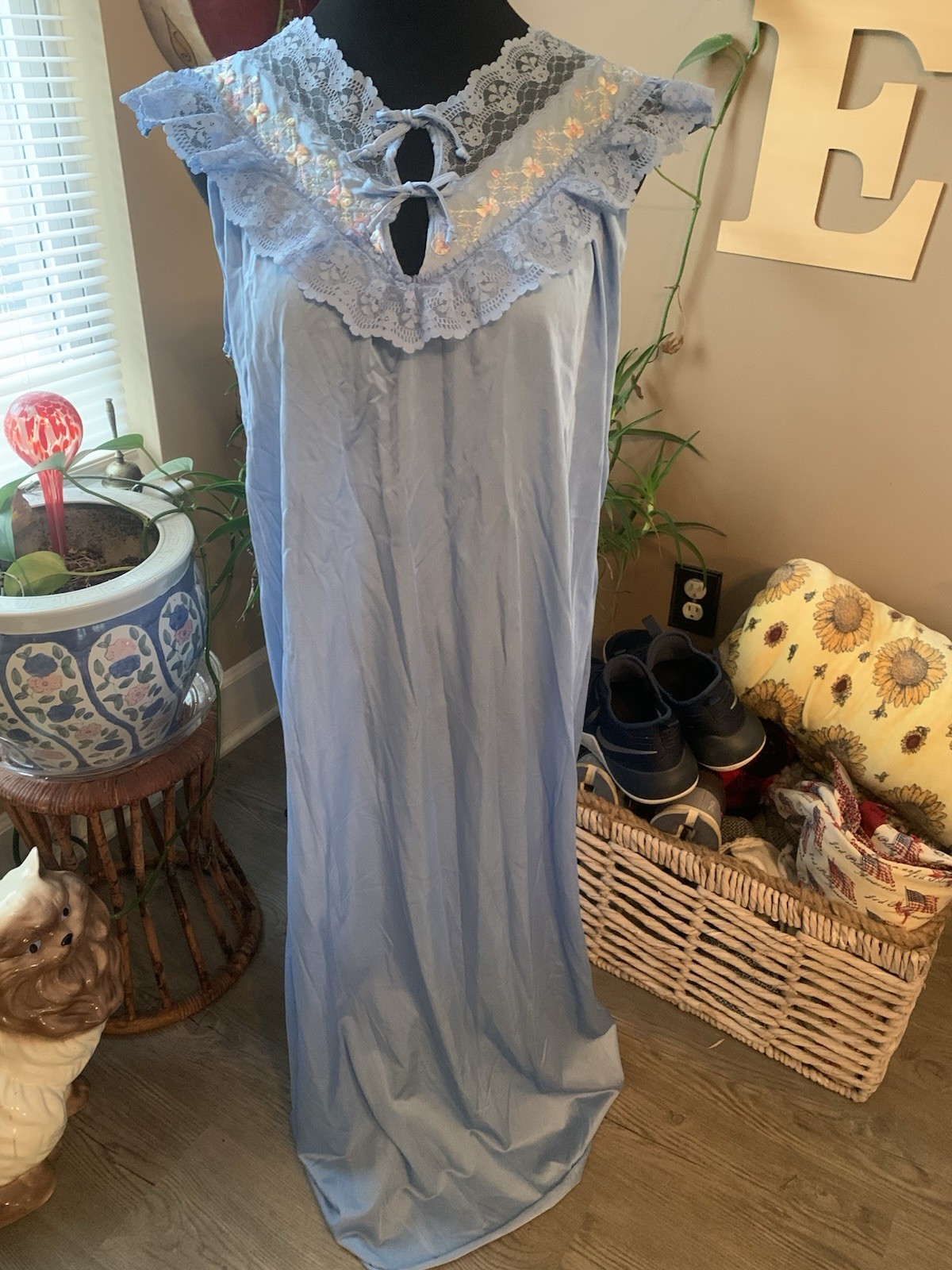 Rikki New York Maxi Nightgown Vintage Blue Nylon Size 38” Bust Embroidered Sweet