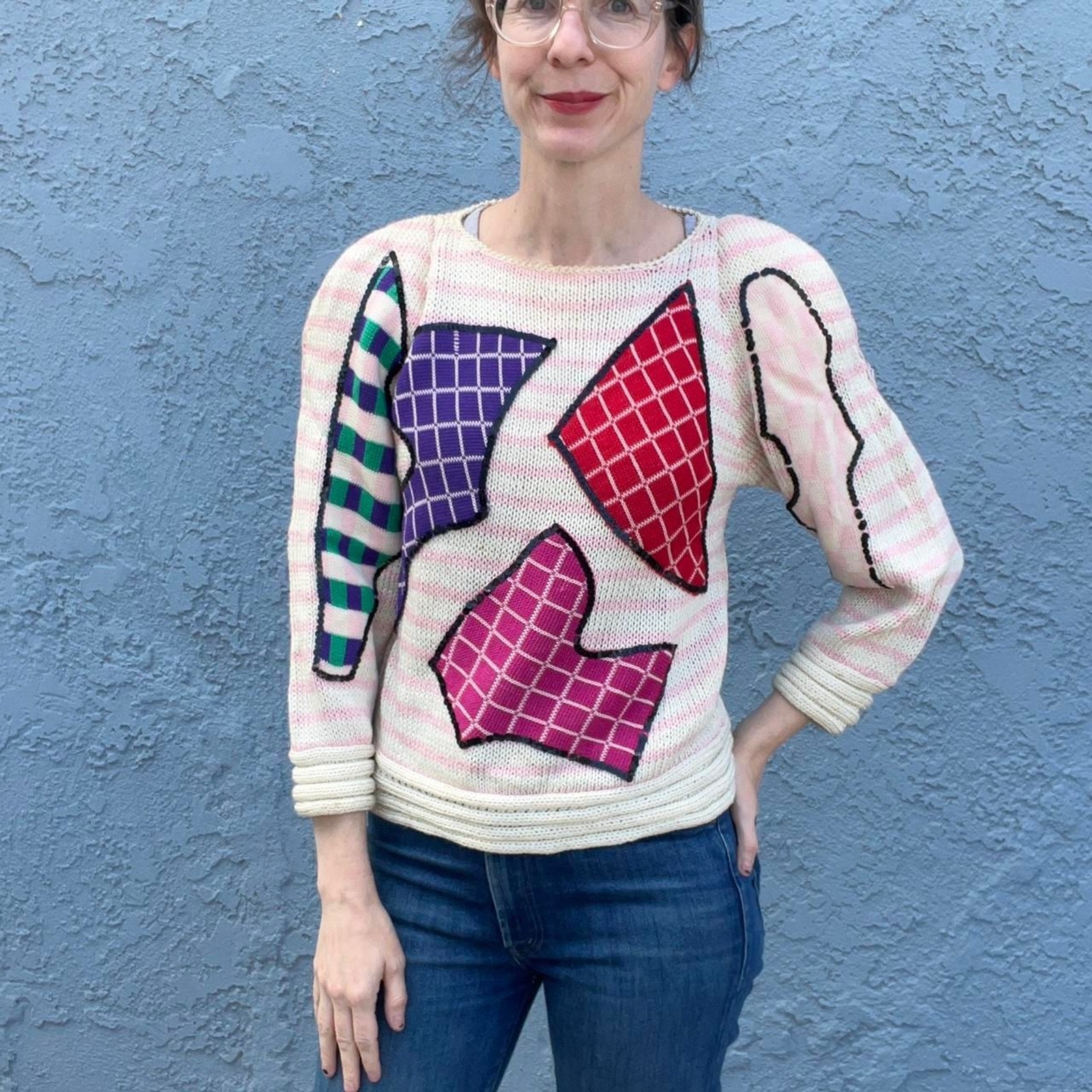 80s Sweater Abstract Funky Print puff sleeves Size Small