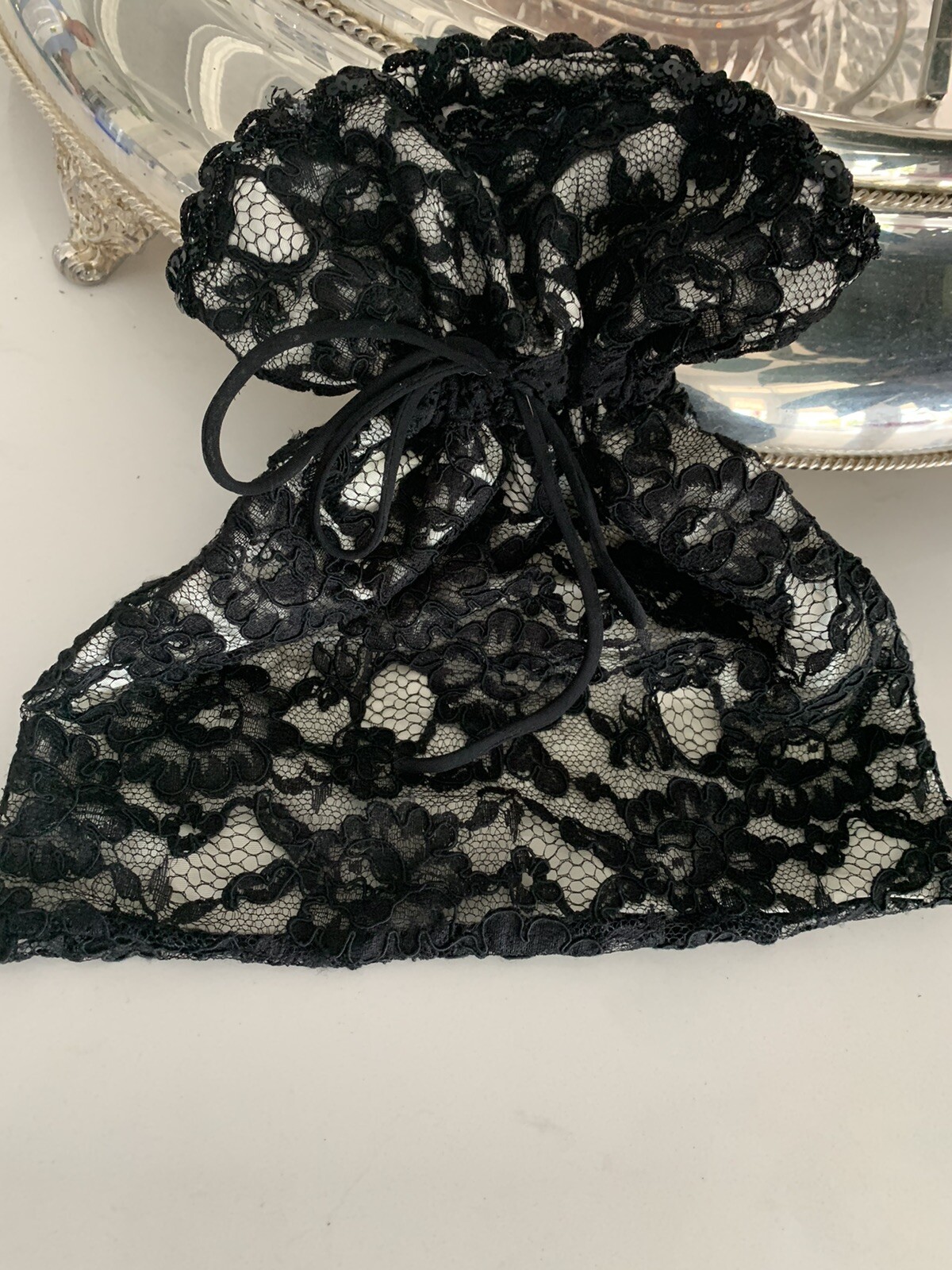 VINTAGE LINGERIE CASE BLACK LACE OVER CREAM SATIN CORD TIE W/ SEQUIN TRIM 1980s