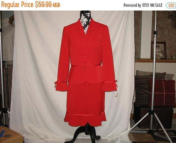 Vintage 1980’s Holiday Christmas Retro Edwardian Red Dress Jacket and Skirt