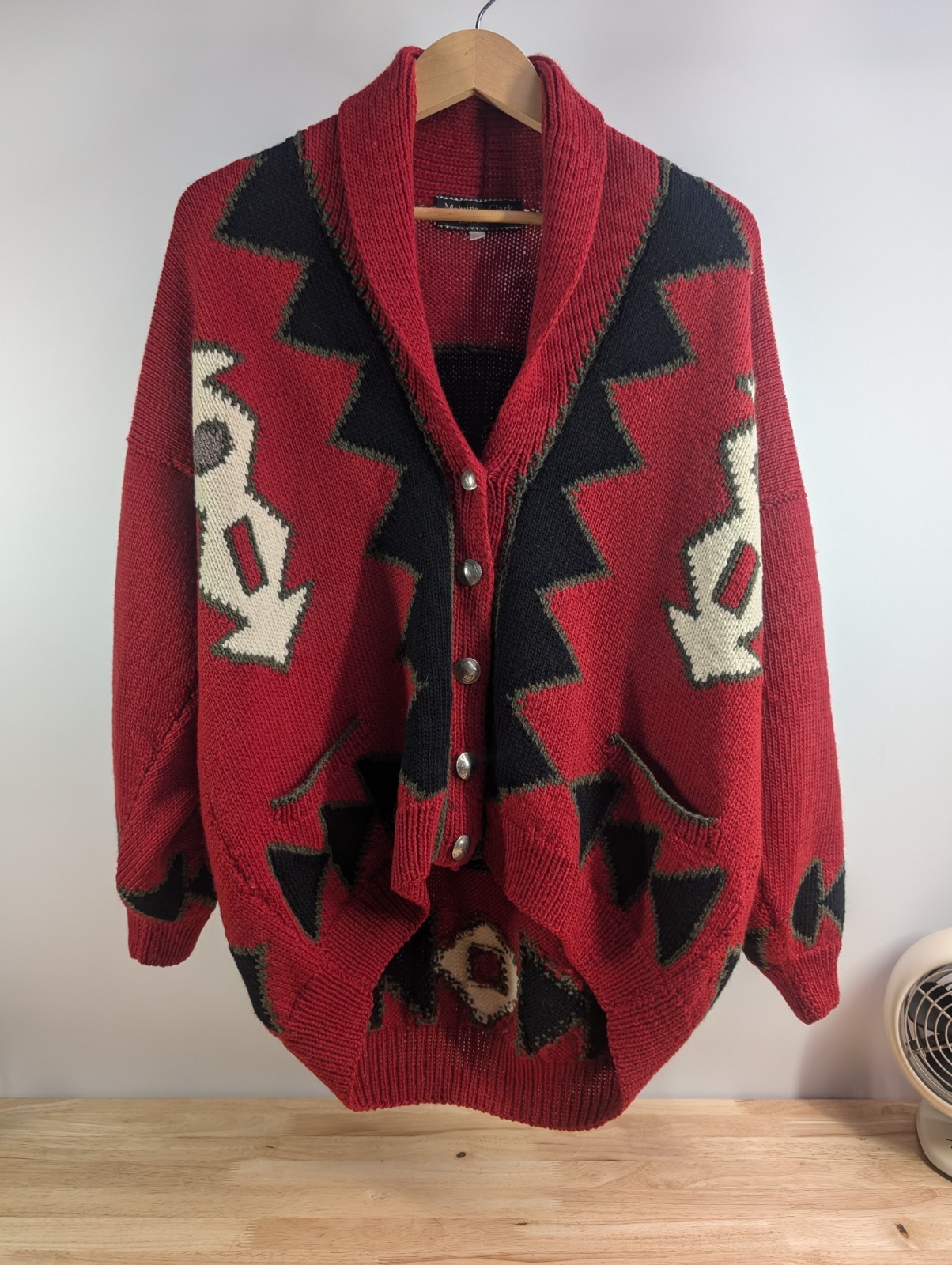 Vtg Melvine Clark Sweater Cardigan Hand Knit New Zealand Wool Buffalo Nickel