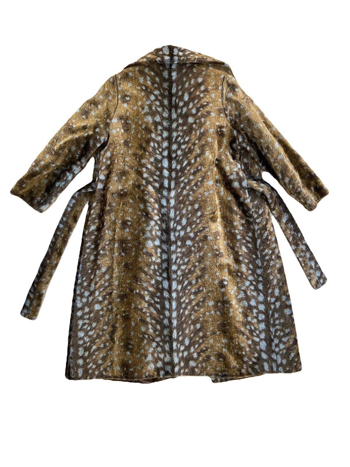 Vintage 1960s Ed Millstein Fawn Deer Print Animal Faux Fur Belted Overcoat S