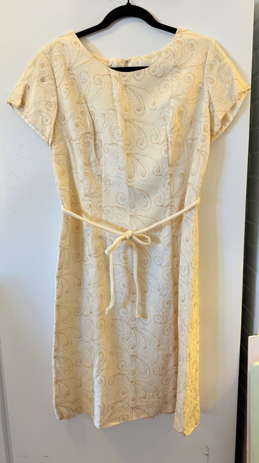 60s Vintage Mary Roberts Boxy Winter White Dress with gold Metallic Thread