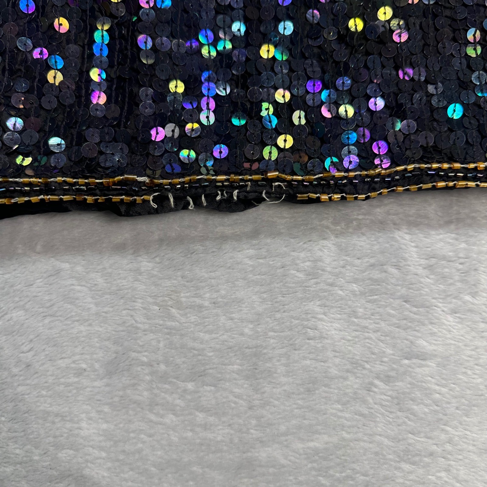 Cotton Castle Vintage Silk Sequin Beaded Top Black Iridescent Floral Sunburst XL