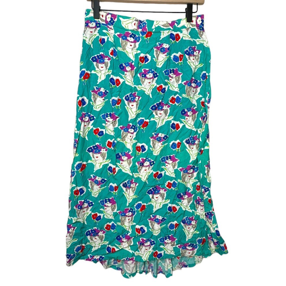 K & Company Vintage Teal Rayon Novelty Print Women Floral Hat Midi Skirt M