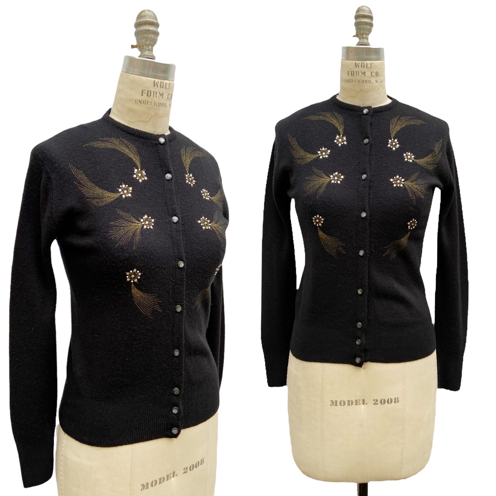 Vintage Black Starburst Shooting Star Rhinestone Orlon Cardigan Sweater XS/S