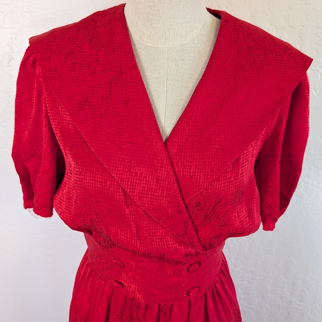 Vintage 80s Red Silk Dress Wrap Bodice Puff Sleeve Midi Cummerbund Waist