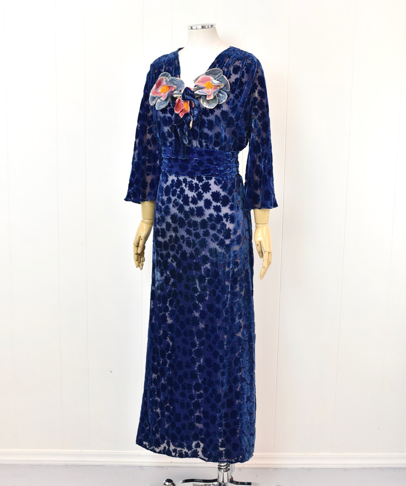 Antique 1930s Blue Devore Burnout Velvet Floral Art Deco Sheer Dress Larger Size