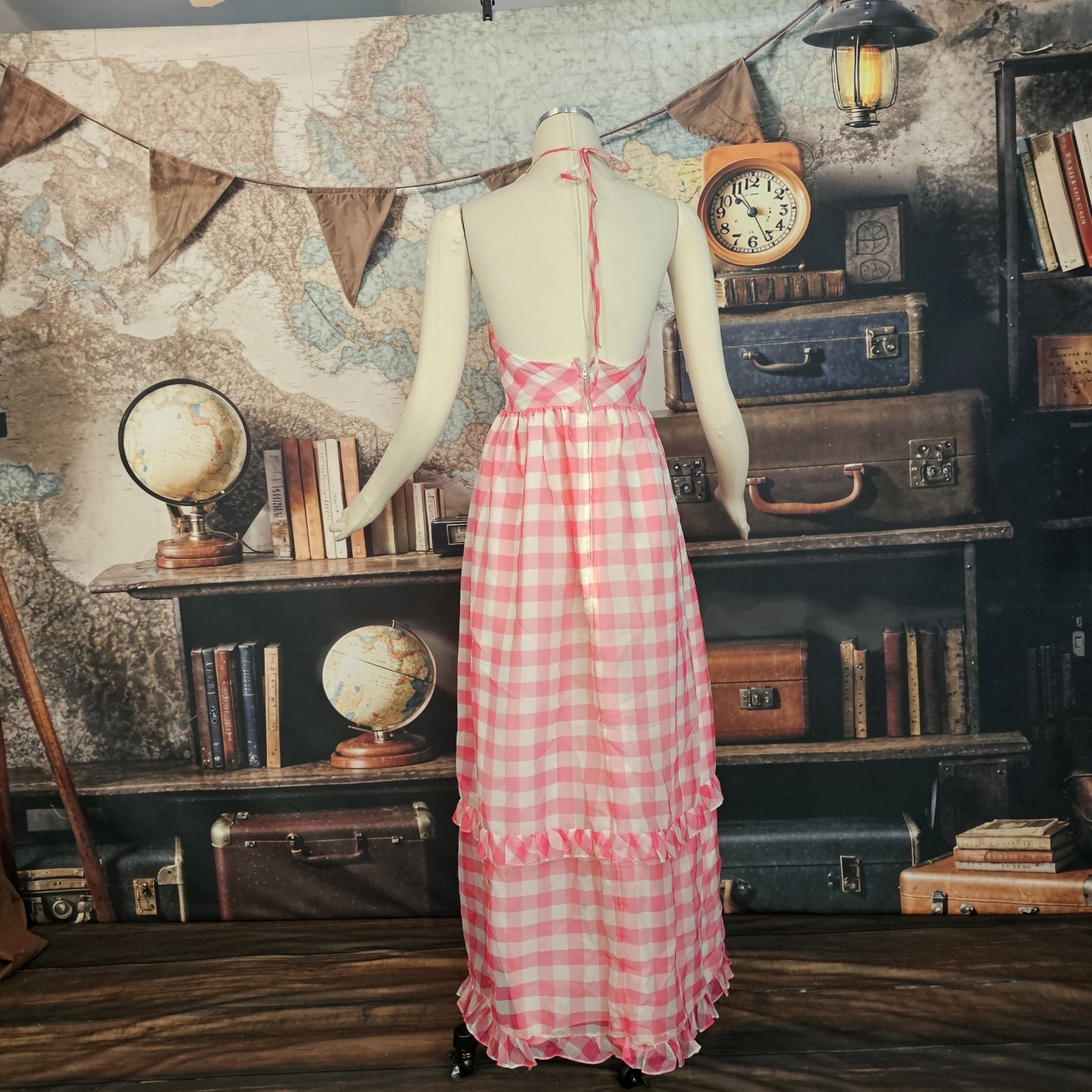 Vintage 1970s Maxi Dress Sundress Pink and White Gingam Check Ruffled V-Neck