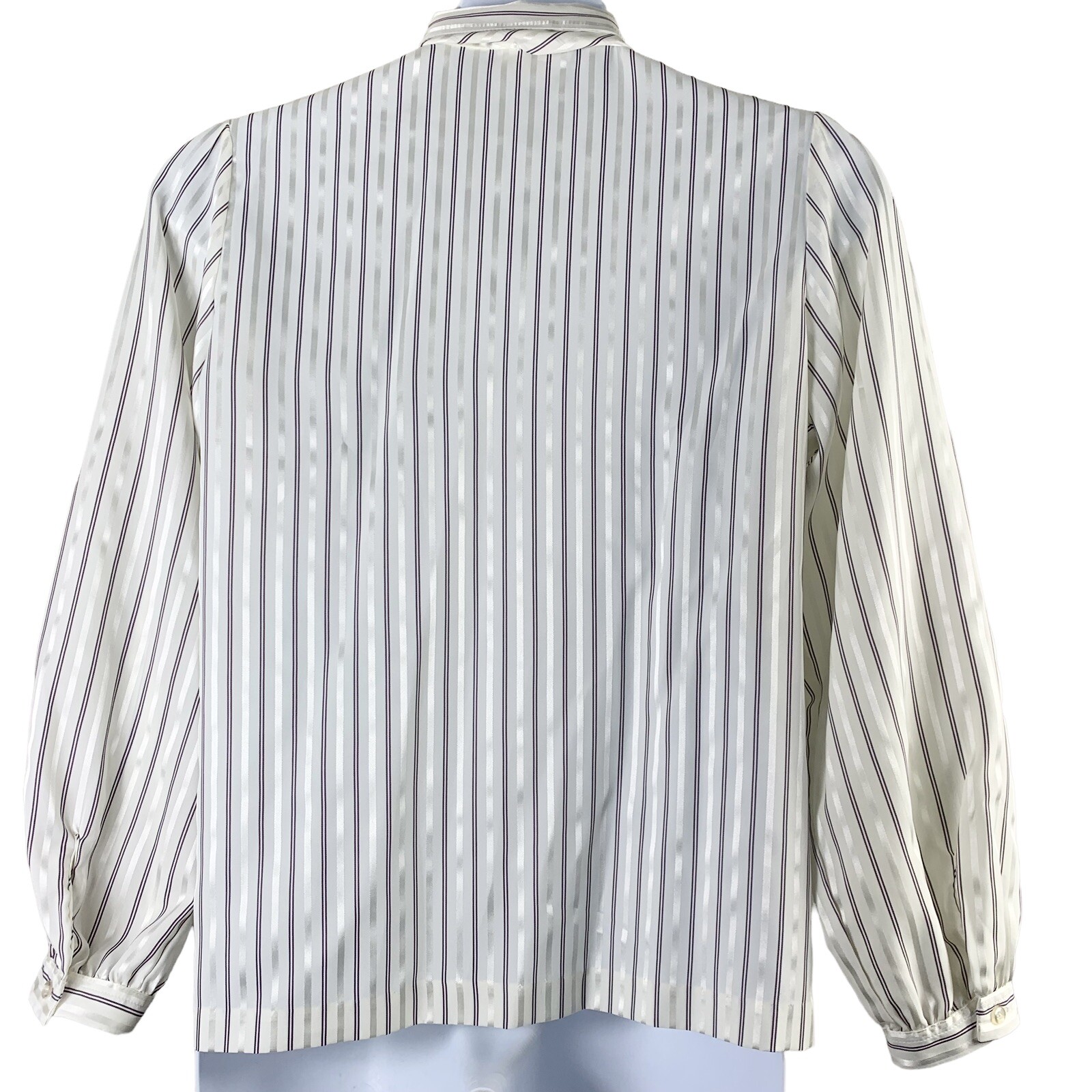 Vintage Blouse Bow Neck Button Up Shirt Koret Large Striped White Silver Purple