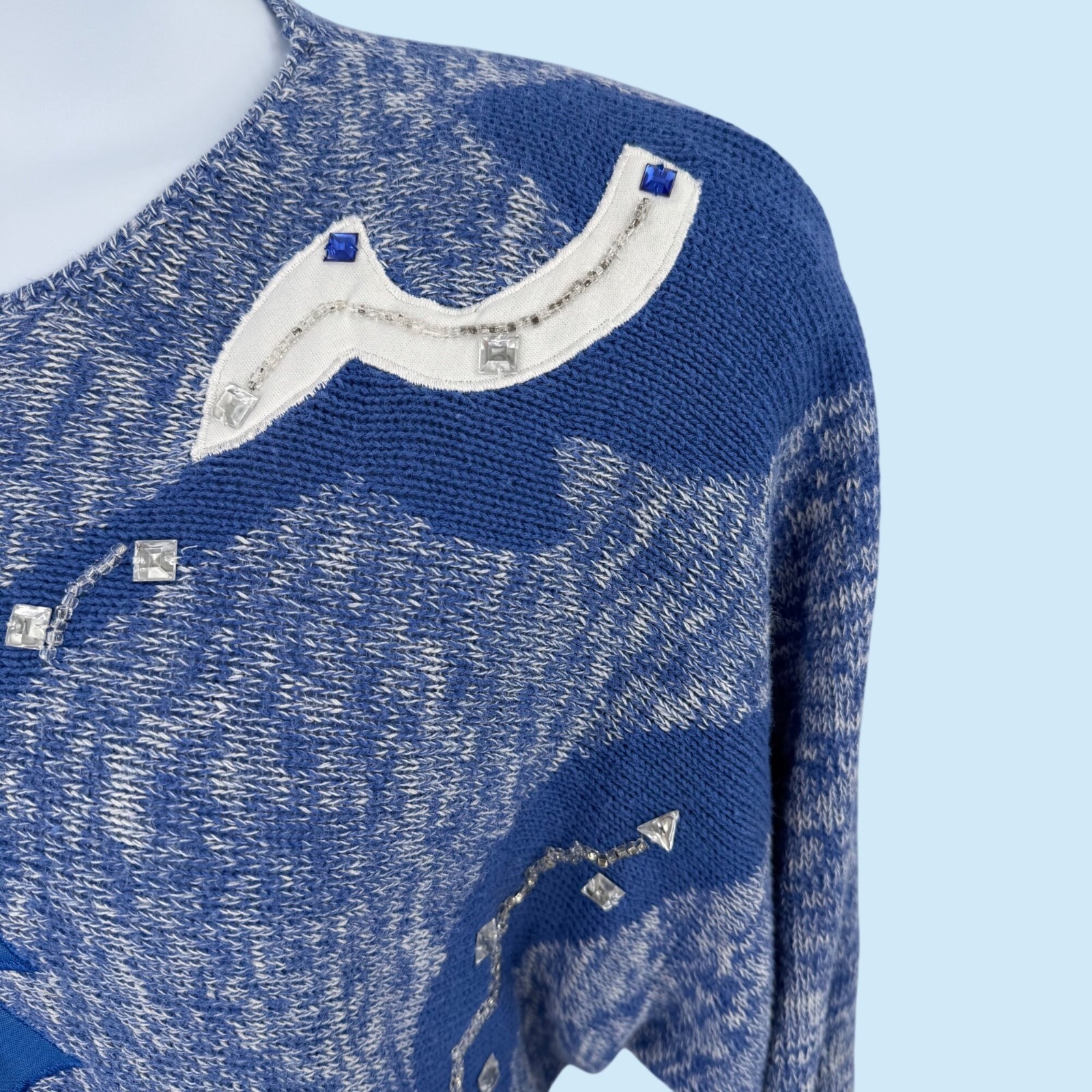 VTG PIERRE LAMONTE BLUE WHITE ABSTRACT BEAD EMBELLISHED DOLMAN SLV 80’S SWEATER