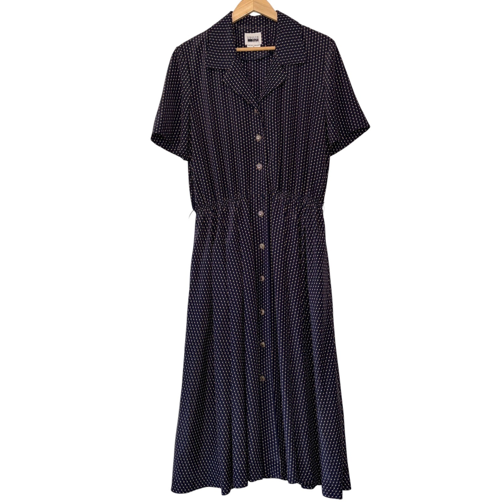 Leslie Fay Shirt Dress Womens Vintage Belted Midi Button Front 16 Navy Yellow