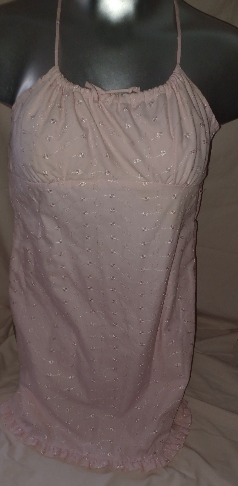 Vtg 90s Anchor Blue Baby Pink Eyelet Mini Dress Milkmaid Bodice Y2K Sz Large