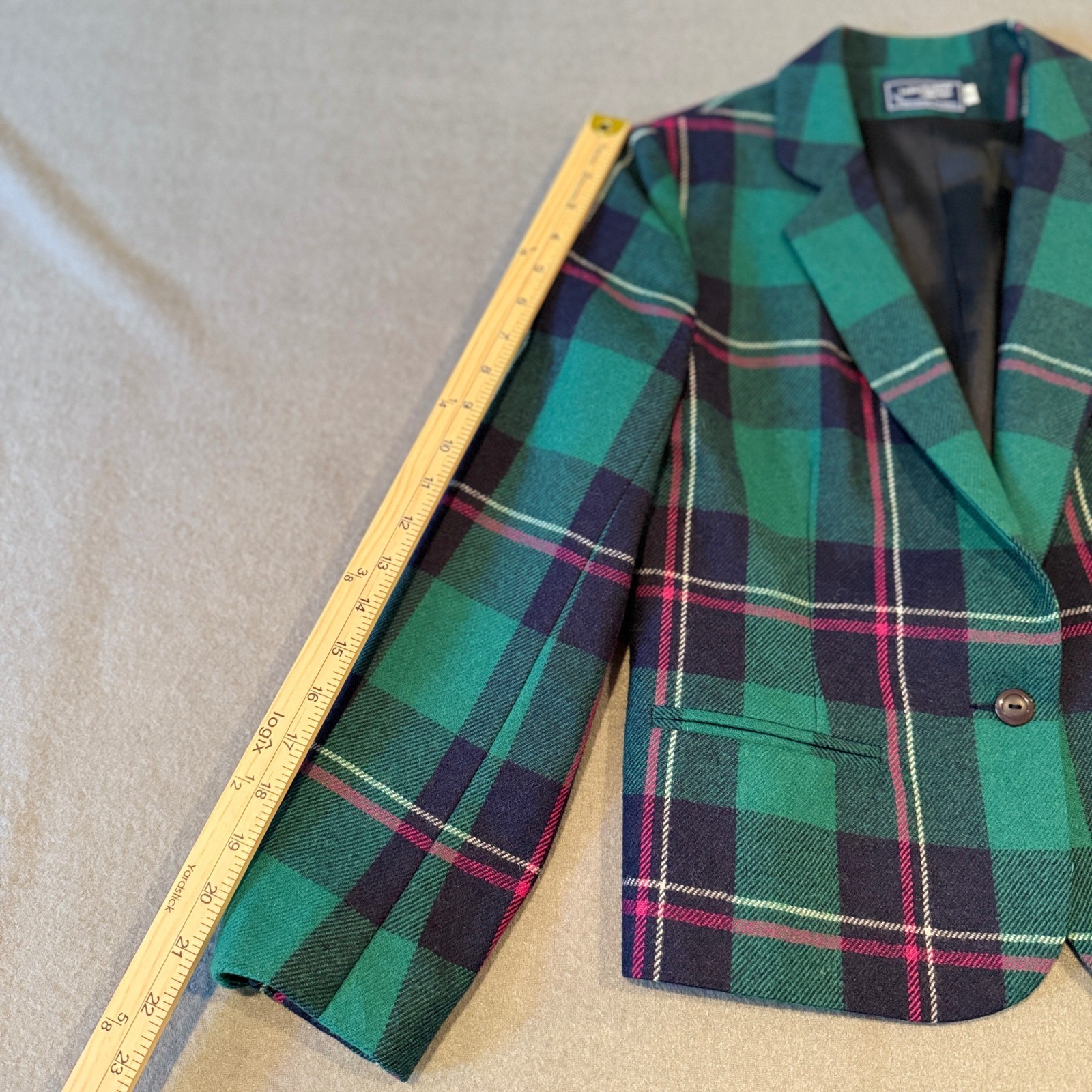 Vintage 80s Plaid Wool Blend Blazer – Teal Green Navy Pink – Petite Size 10