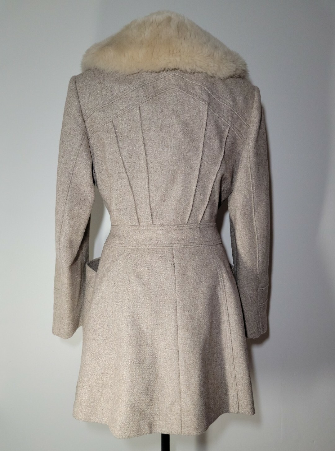 Vtg Country Pacer Wool Long Belted Shearling Fur Collar Women’s Coat Sz L