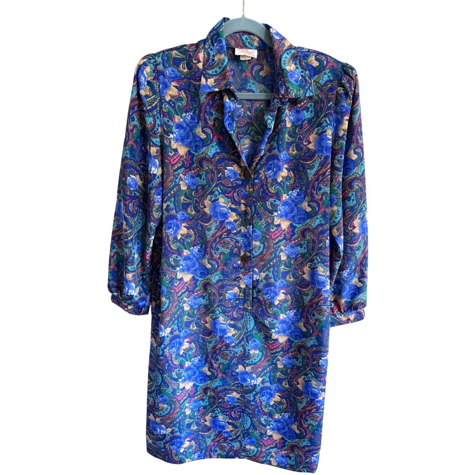Vintage Lady Carol of New York Blue Paisley Floral Shift Dress Size 12 Retro