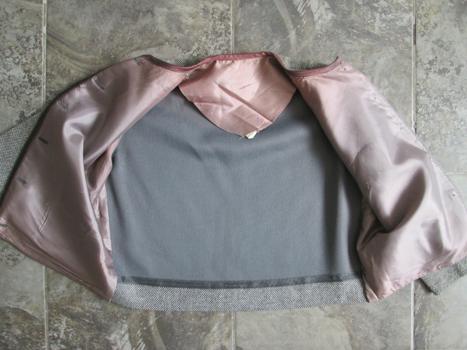 VTG Original Suit Skirt Set Jacket Medium Wool Gray White Purple Checkered Lined