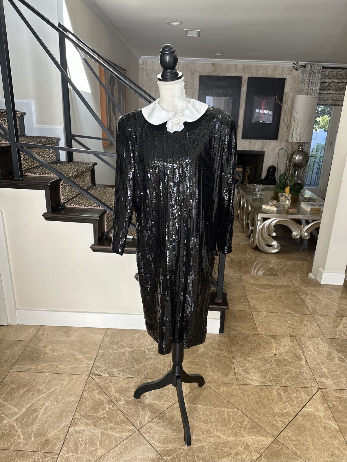 Jill Richards Chic 80s Black Sequined Sheath Dress White Collar & Rose 14 M
