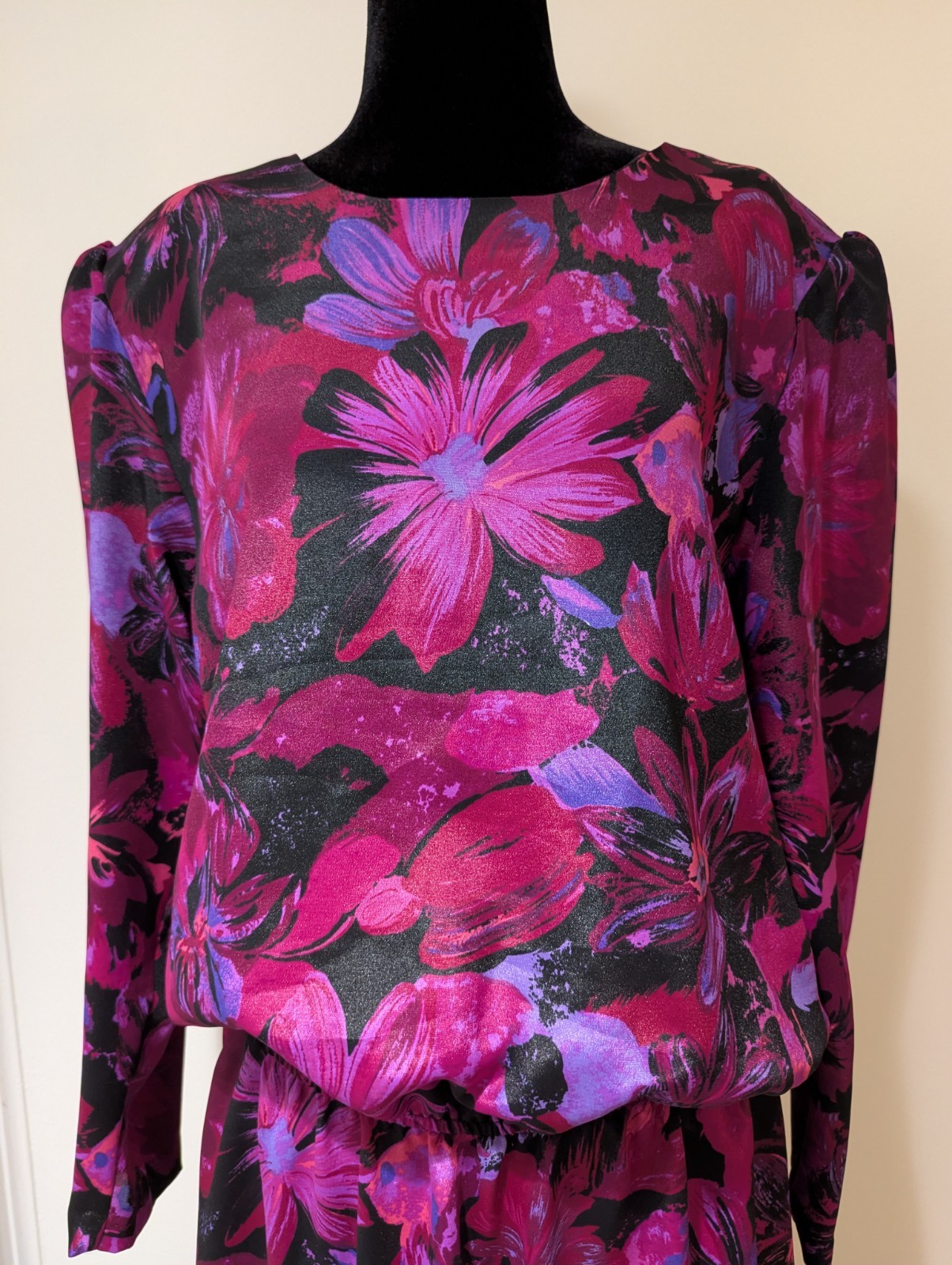 Vintage 1980s Luci Pellini Pink Purple Floral Blouson Dress Elastic Waist XXL