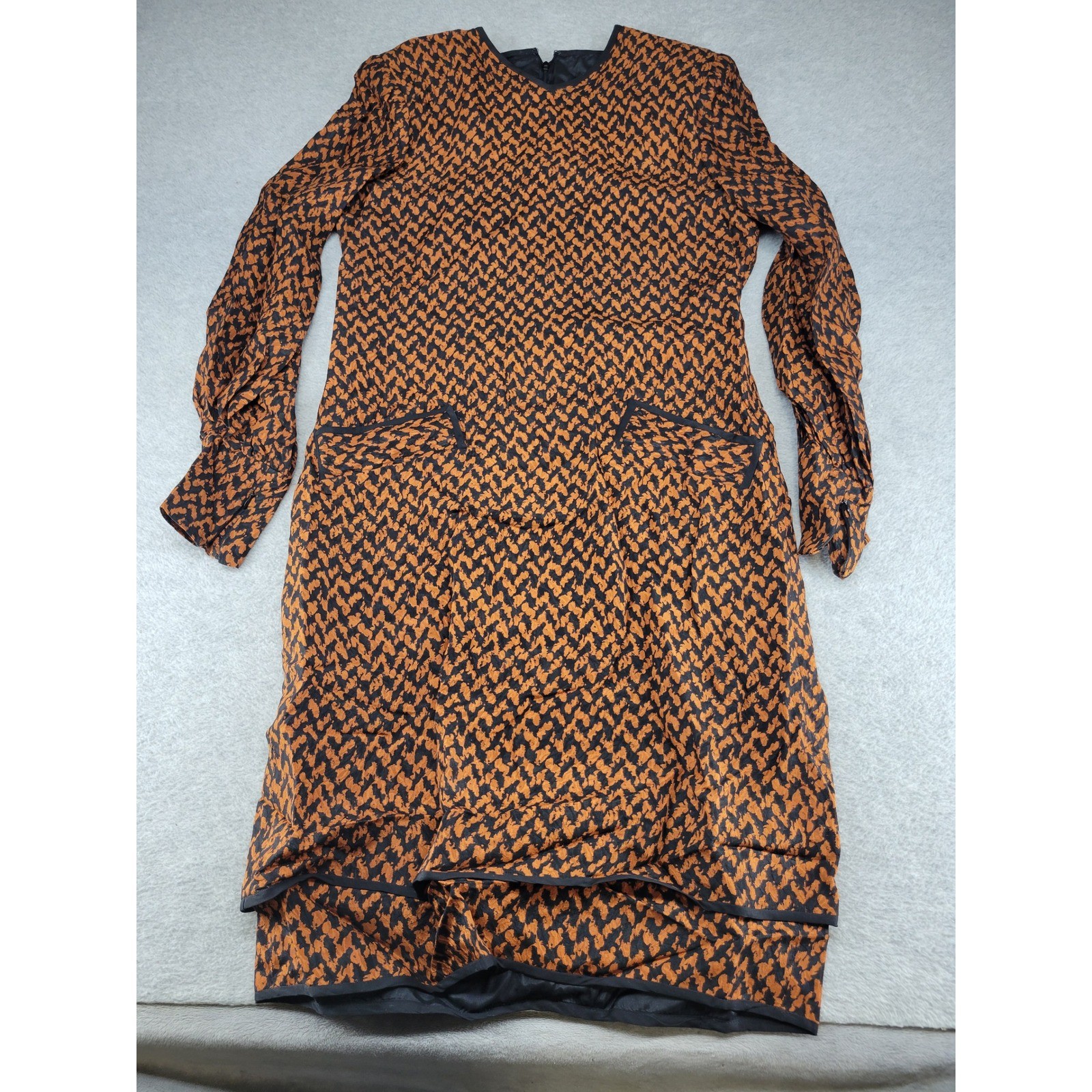 Stanley Platos Martin Ross Vintage Orange Black Abstract Print Long Sleeve Dress