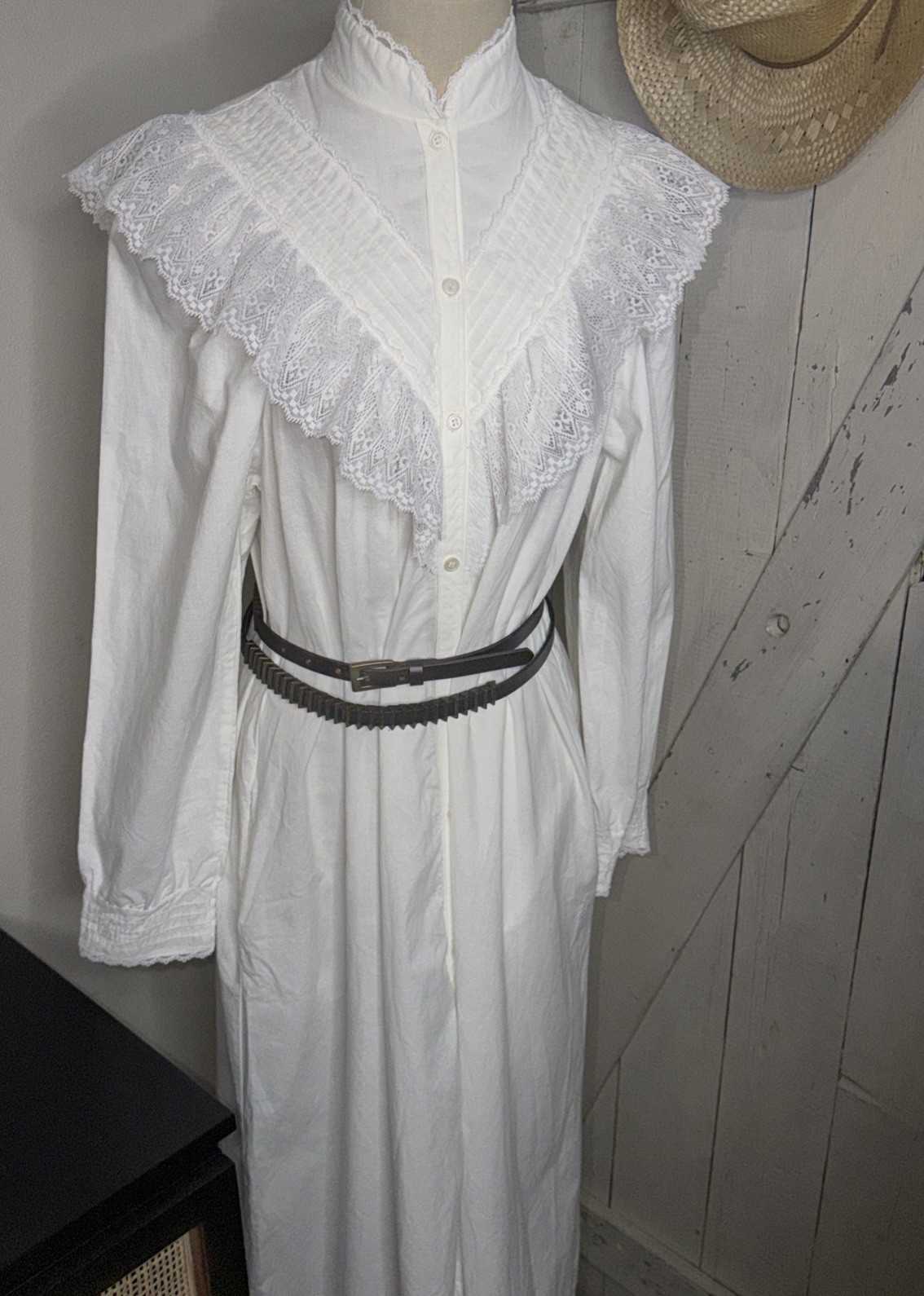 Vintage Periwinkle White Long Peasant Boho Dress High Neck Lace Ruffle Sz S USA